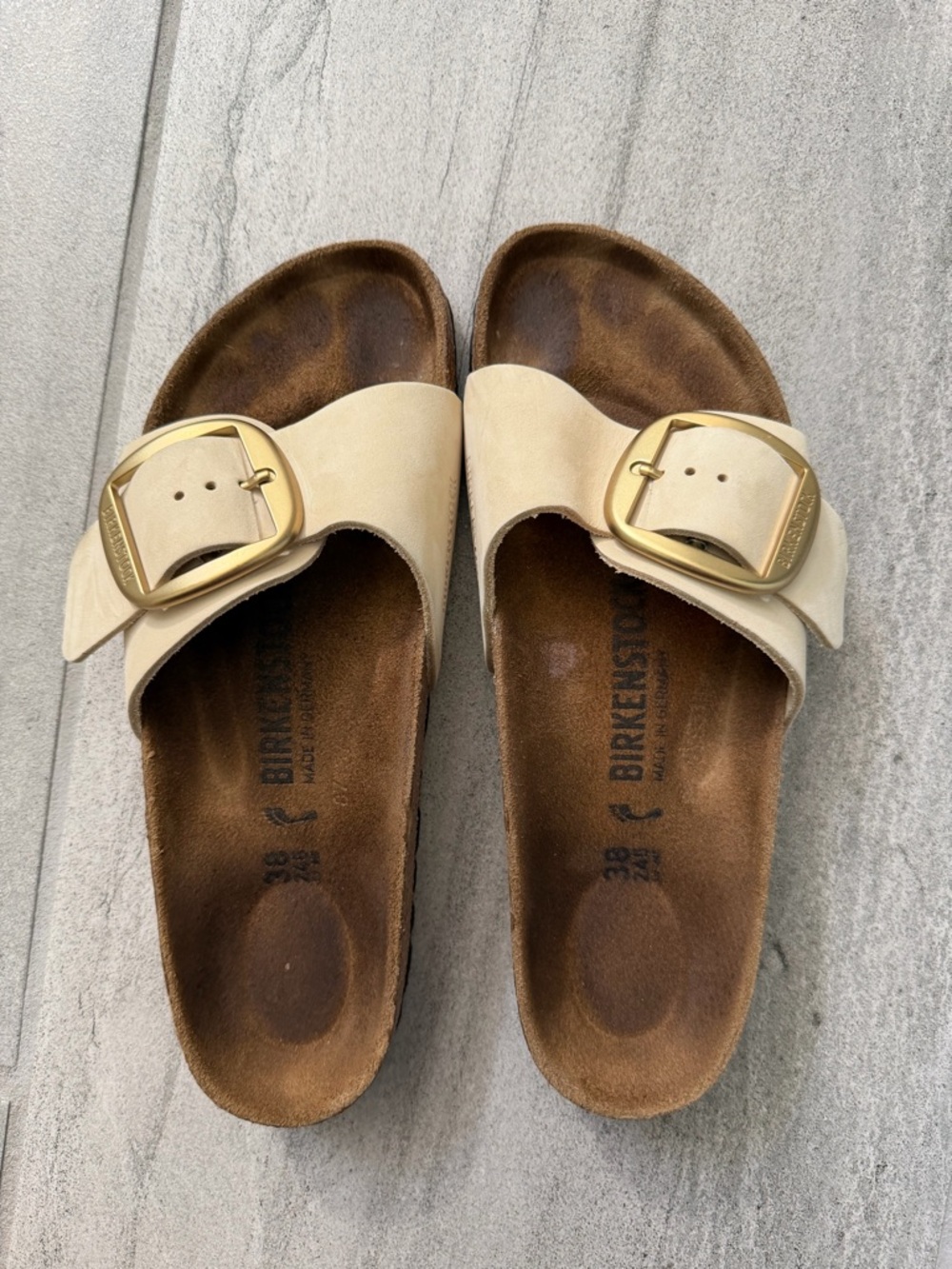 Birkenstock Madrid Big Buckle Slide in Beige with Gold Buckle - Picture 2 of 3